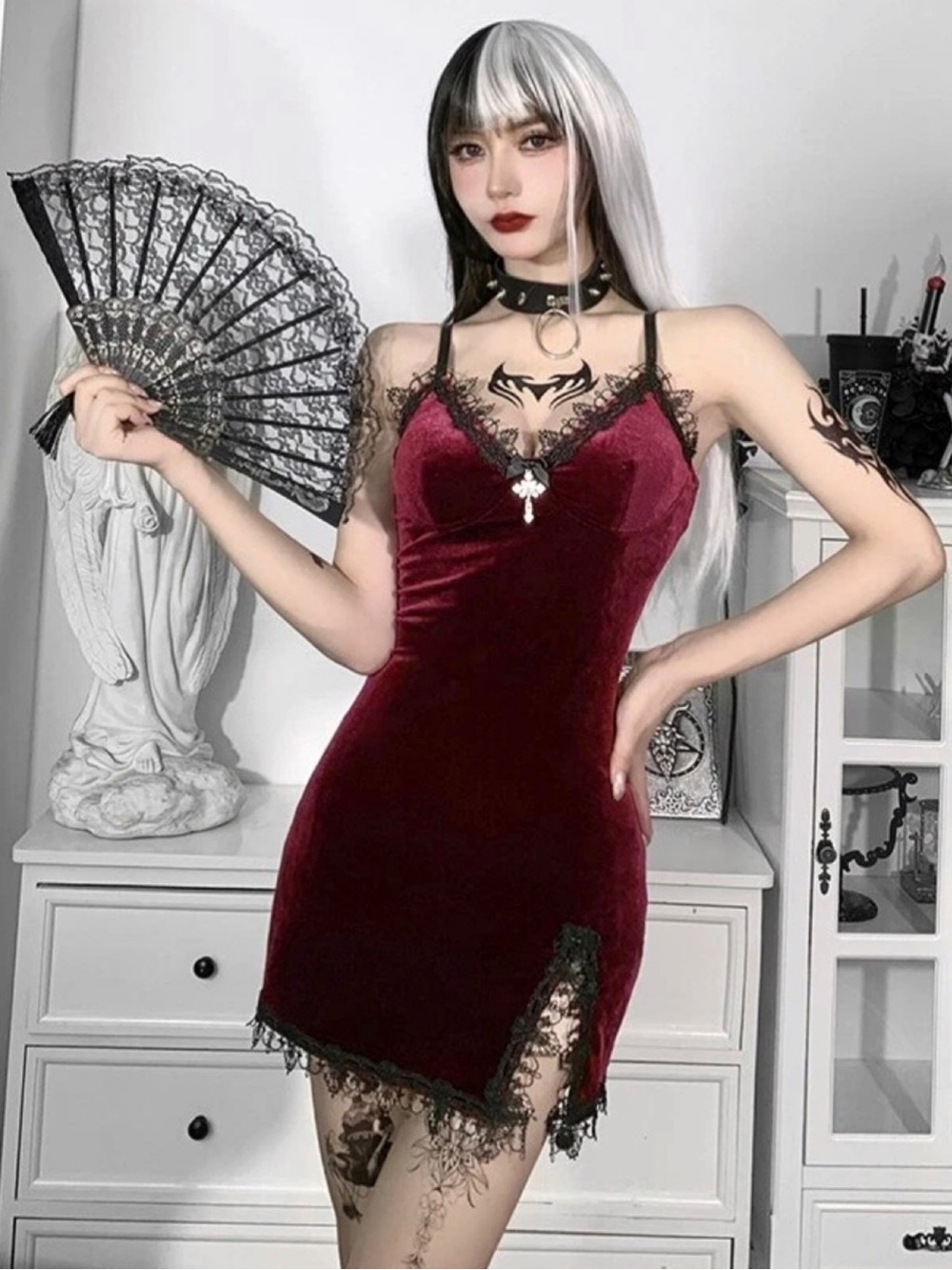 Red Black Velvet Lace Goth Gothic Cross V Halloween Sleeveless Slip Mini Dress S